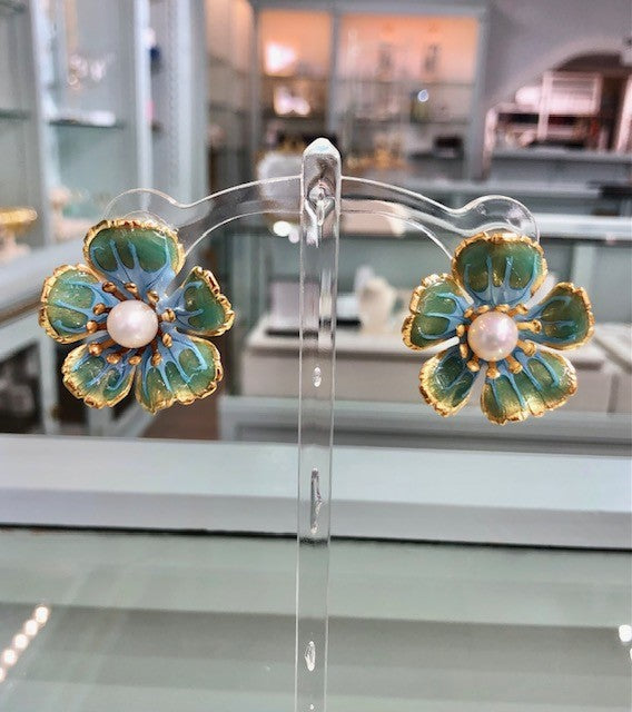 PEARL AND BLUE PANSY EARRINGS