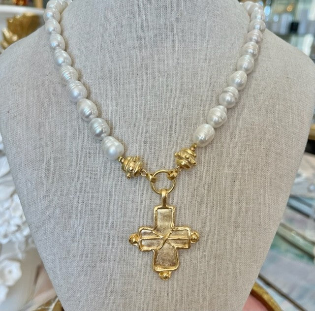 Sandy Pearl and Cross Necklace
